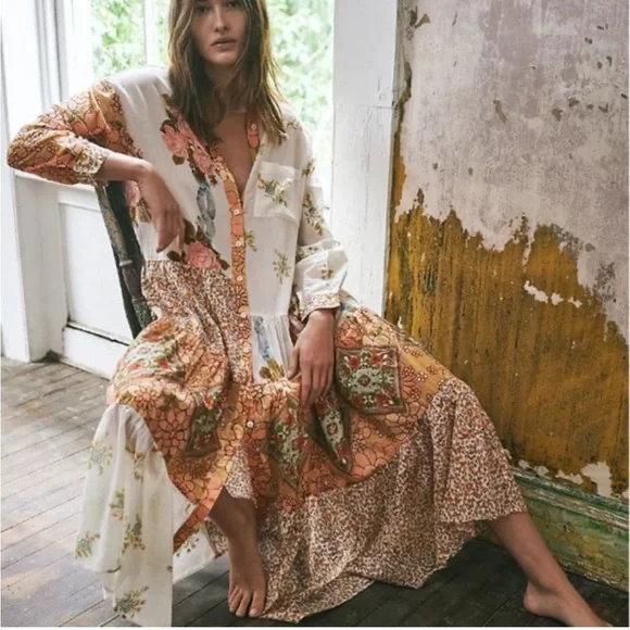 FREE PEOPLE Days Of Ditzies Orange Cream Patchwork Print Maxi Mini Combo Dress S - Picture 1 of 14